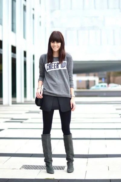 Light Grey Sweater with Black Mini Wrap Skirt & Over The Knee Suede Boots