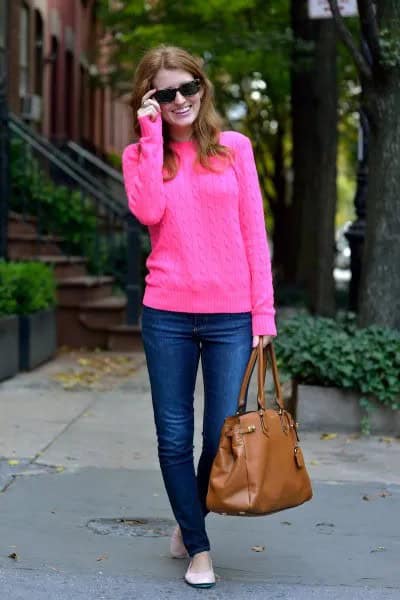 Pink Cable Knit Sweater with Blue Skinny Jeans & Brown Leather Purse