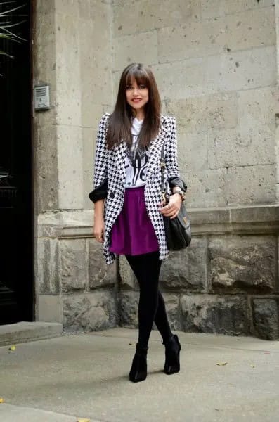 Black and White Patterned Tweed Blazer with Mini Skirt & Leggings