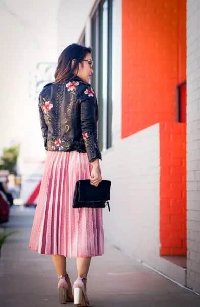 Leather Jacket with Light Grey Pleated Midi Dress