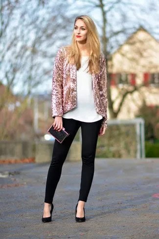 Rose Gold Blazer with White Blouse & Black Skinny Jeans