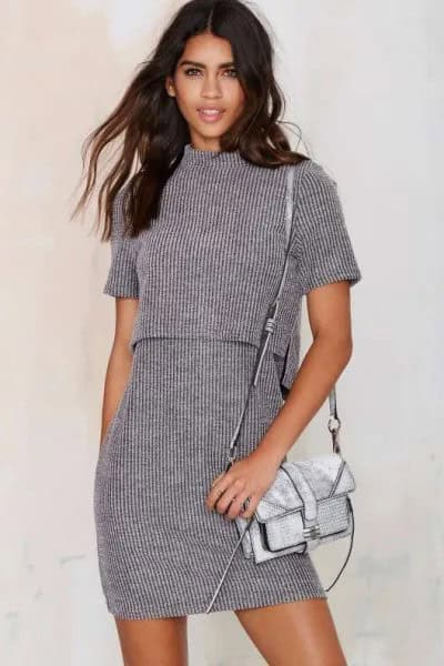 Grey Two-Piece Mock Neck Short Sleeve Ribbed Dress