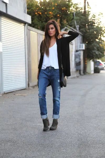 White Vest Top with Black Cardigan & Jeans