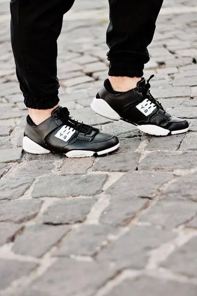 Black Jogger Pants with Leather Running Shoes