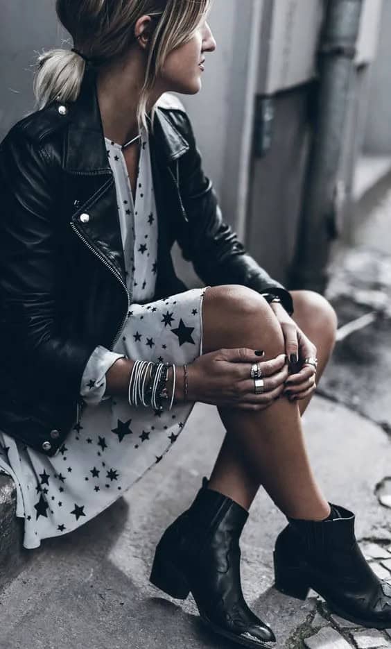 Black Leather Moto Jacket & Colorful Patterns