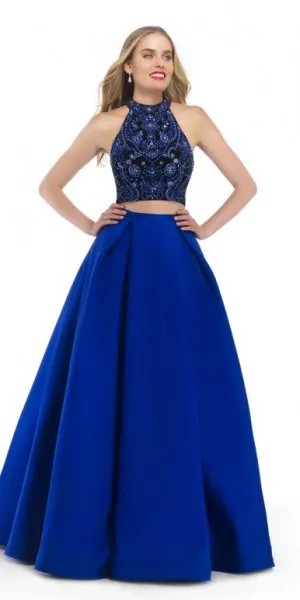 Two-Piece Black and Royal Blue Fit and Flare Floor Length Dress