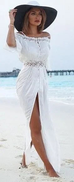 High Split Maxi White Beach Dress with Hat