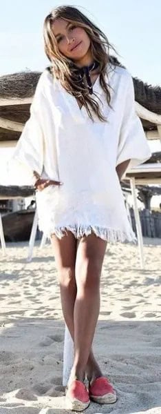 White V Neck Relaxed Fit Mini Beach Dress