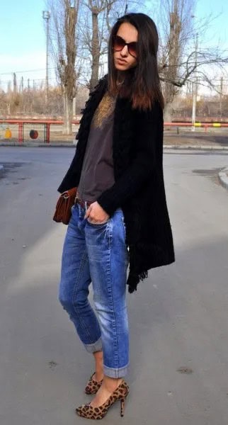 Black Long Cardigan with Blue Jeans & Animal Print Shoes