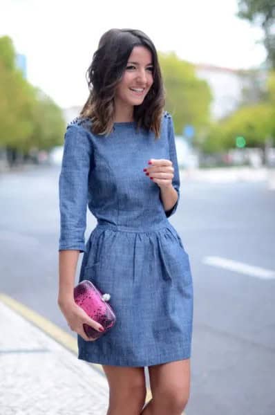 Chambray Three Quarter Sleeve Mini Gathered Waist Dress