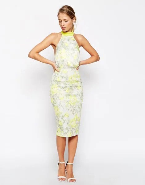 Yellow Floral Halter Midi Sheath Sundress