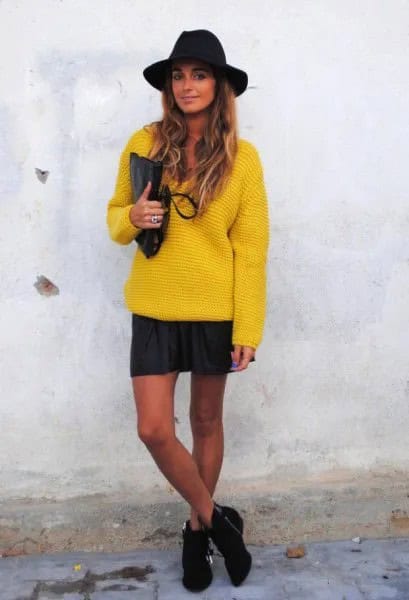 Yellow Chunky Sweater with Mini Skirt & Black Felt Hat