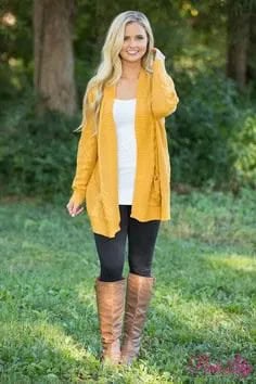 Mustard Yellow Longline Sweater Jacket with Brown Knee High Leather Boots