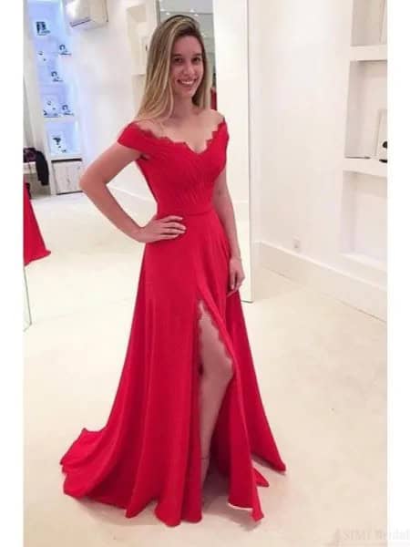 Red Scalloped Neckline Wide V Neck High Split Floor Length Dress