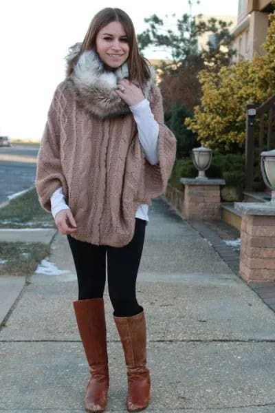 Grey Cable Knit Cape Sweater with Faux Fur Infinity Scarf