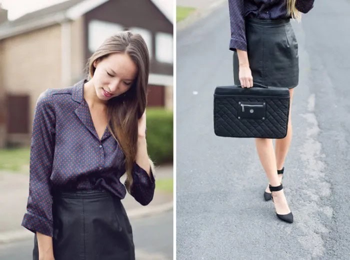 Black Polka Dot Silk Shirt with Leather Skirt