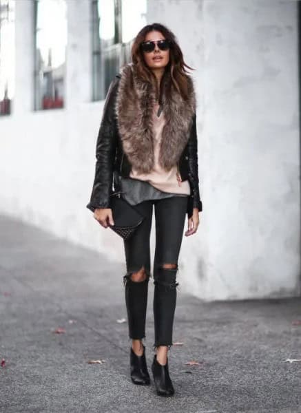 Black Leather Moto Jacket with Faux Fur Collar & Ripped Jeans