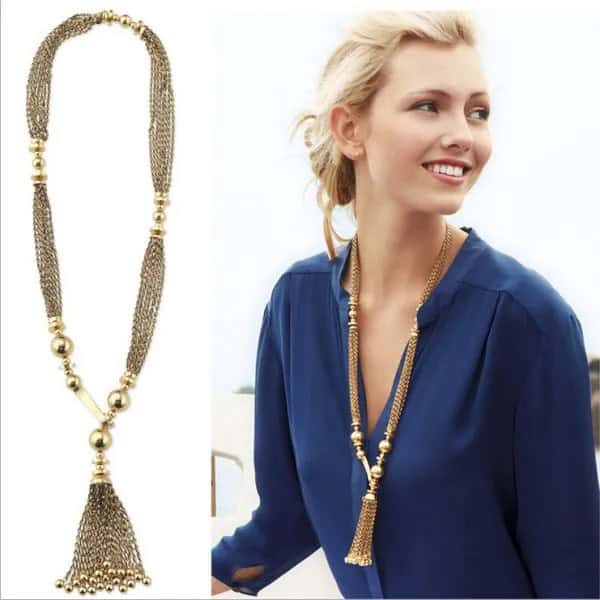 Long Boho Style Gold Chain with Navy Blue Chiffon Blouse