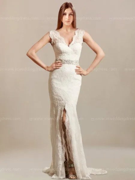 White Scalloped Neckline Fit and Flare Floor Length High Split Flowy Dress