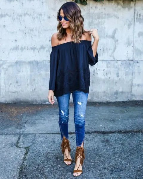 Off The Shoulder Navy Blue Top with Brown Strappy Sandals