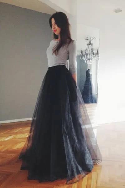 Grey Form Fitting Sweater with Black Long Tulle Flared Skirt