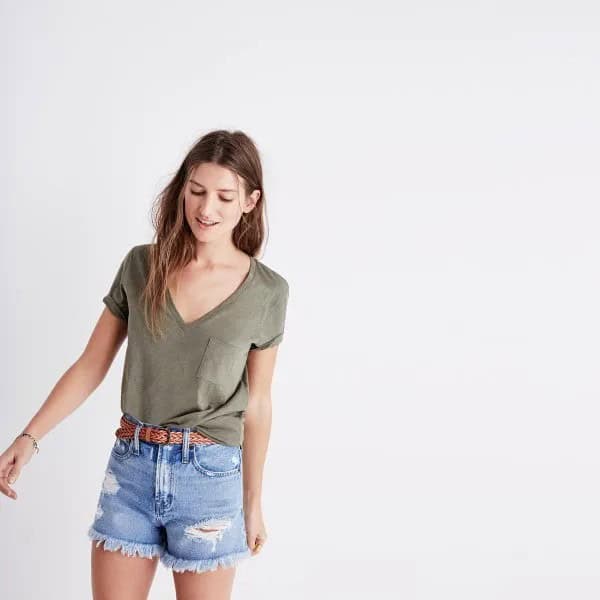 Green V Neck Front Pocket T Shirt with Blue Denim Shorts