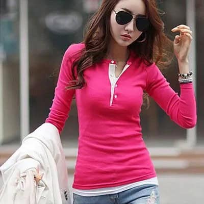 Hot Pink and White Polo Neckline Cotton Sweater with Light Blue Ripped Boyfriend Jeans