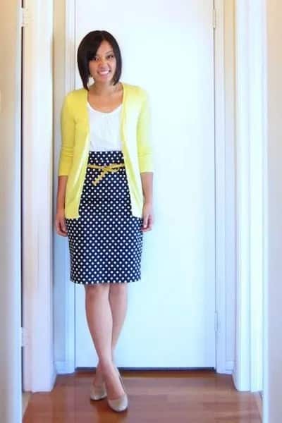 Yellow Cardigan with White Vest Top & Polka Dot Midi Skirt