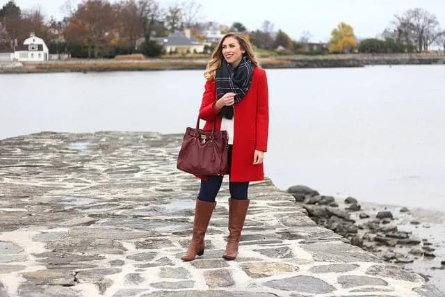 Brown Leather Boots with Bright Red Long Wool Coat