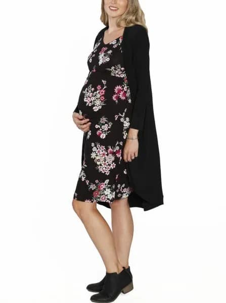 Black Long Cardigan with Printed Knee Length Dress