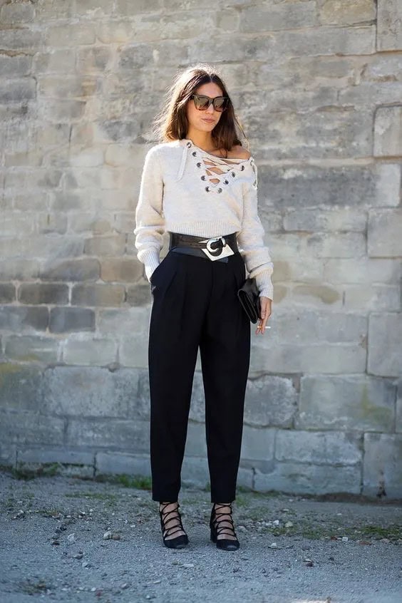 Black Trousers and White Lace-Up Sweater