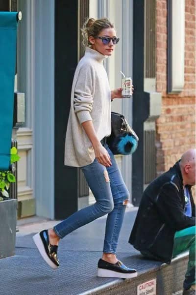 White Mock Neck Sweater with Skinny Jeans & Black Wedge Leather Sneakers