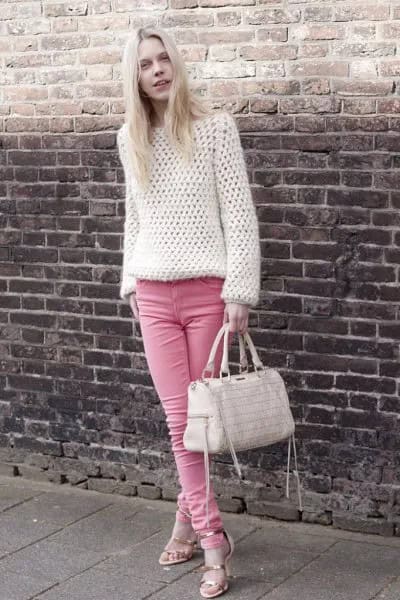 White Crochet Sweater with Pink Skinny Jeans