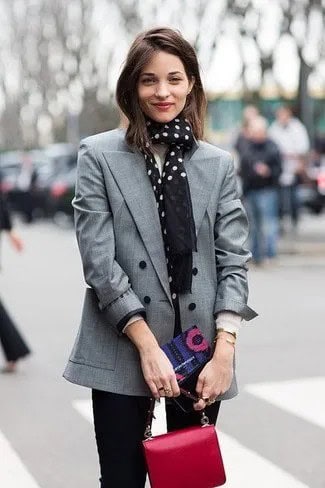 Grey Blazer with Black and White Polka Dot Scarf