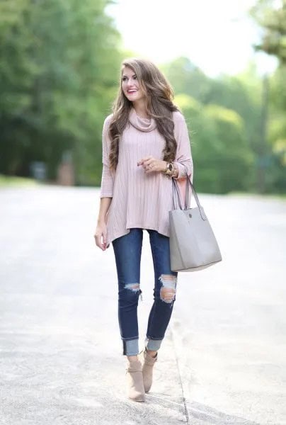 Grey Cowl Neck Three Quarter Sleeve Sweater with Cuffed Ripped Jeans