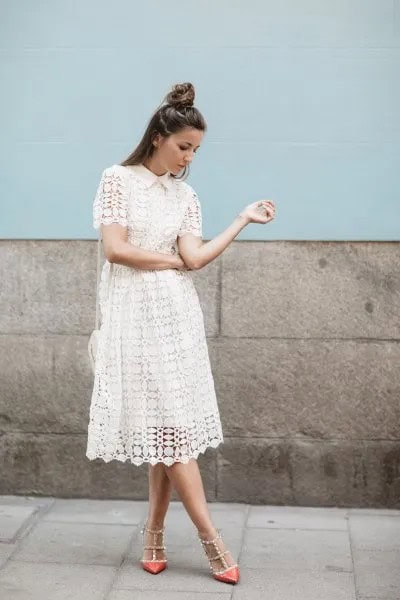 White Lace Midi Dress with Strappy Sequin Pointed Toe Heels