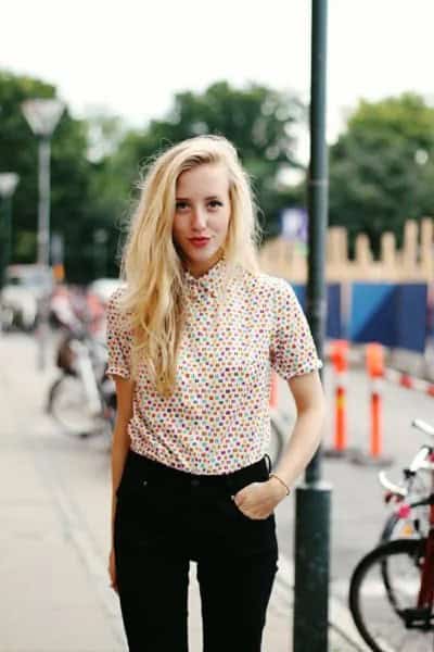 Multi-Colored Polka Dot Button Up Shirt with Black Jeans