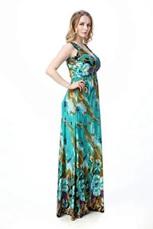 Green and Pink Floral Print Flowy Floor Length Silk Dress