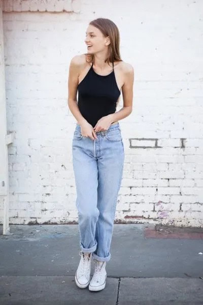 Black Halter Top with Blue High Rise Boyfriend Cuffed Jeans