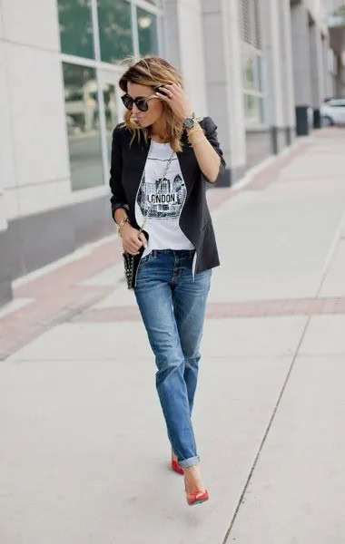 Black Leather Jacket with White Print Tee & Blue Cuffed Jeans