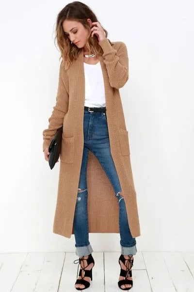 Tan Maxi Sweater Cardigan with White Tank Top & Cuffed Blue Jeans