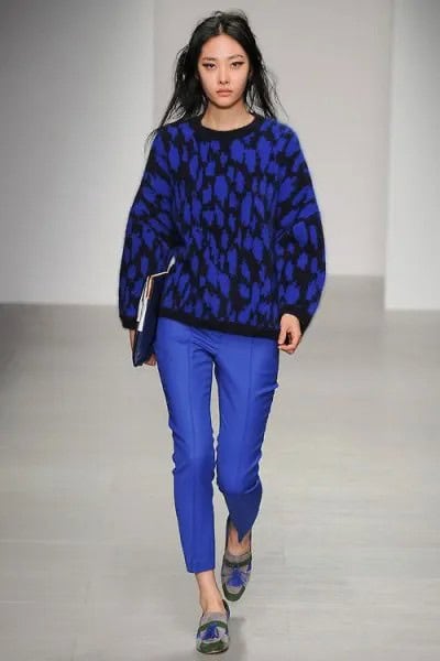 Black Printed Knit Sweater with Royal Blue Waxed Pants & Graphic Dress Shoes