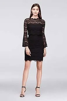 Black Lace Bell Sleeve Mini Cocktail Dress