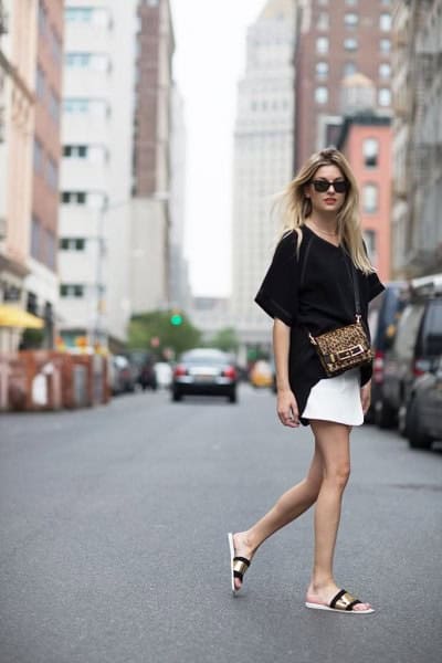 Gold Slide Sandals with Black Tee & White Skirt