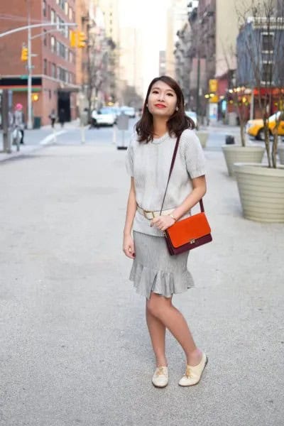 Ivory Short Sleeve Sweater with Grey Ruffle Mini Skirt & White Leather Oxford Shoes