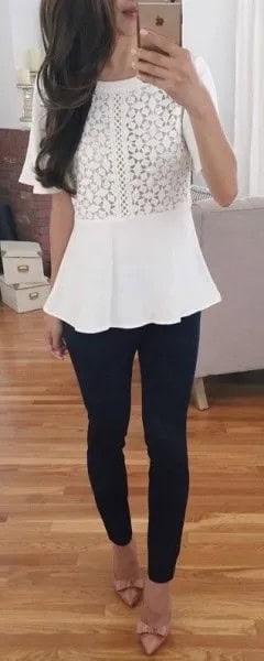 White Peplum Top with Black Skinny Jeans & Ribbon Heels