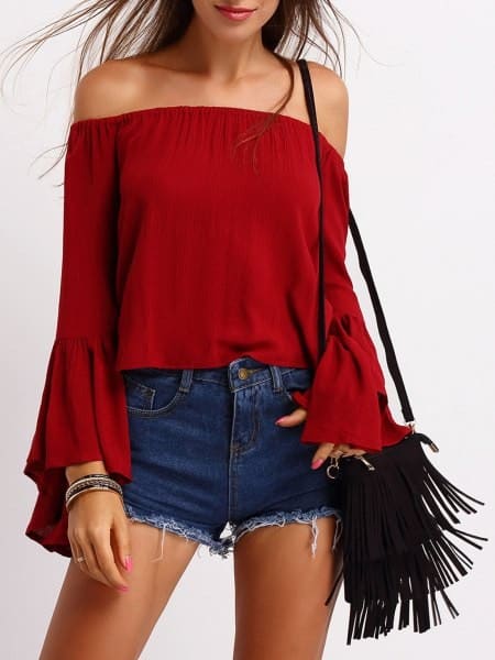 Red Off The Shoulder Top with Denim Shorts