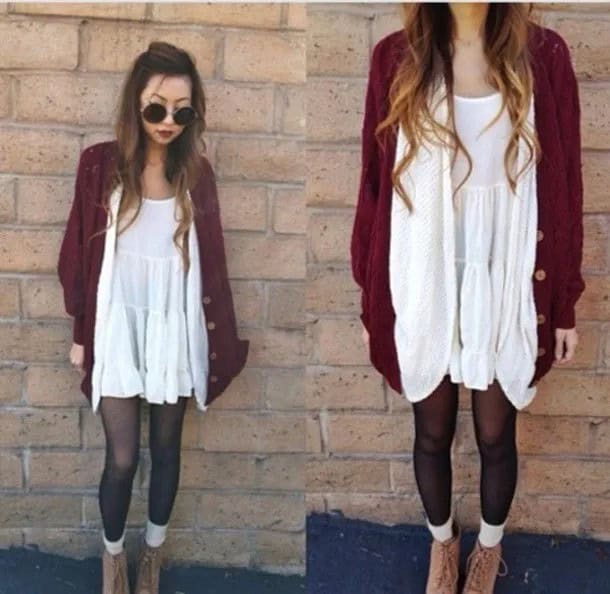 White Tank Tunic Dress with Dark Red Sweater Cardigan & Stockings