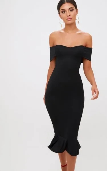 Off The Shoulder Ruffle Hem Midi Fish Tail Dress