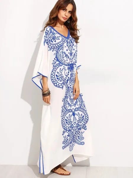 White and Blue Tribal Printed Maxi Shift Dress